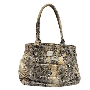 Harrods London Leather Snakeprint Handbag Tote Bag Women's Beige Black 10.5x15"